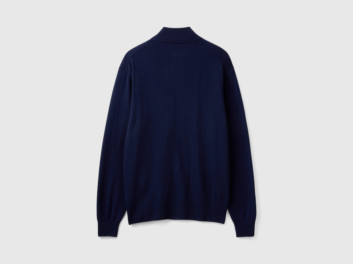Cardigan con zip blu notte in pura lana Merino