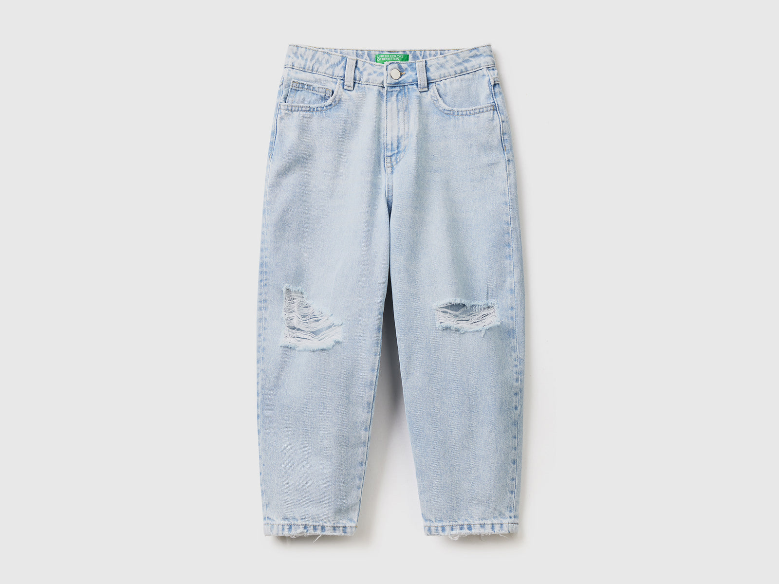 Pantaloni lunghi baggy fit in denim di puro cotone con rotture da bambina azzurro | Benetton Outlet