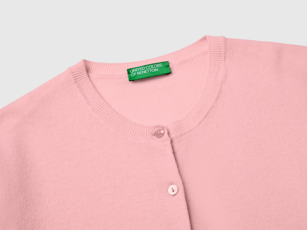 Cardigan girocollo rosa cipria in pura lana Merino