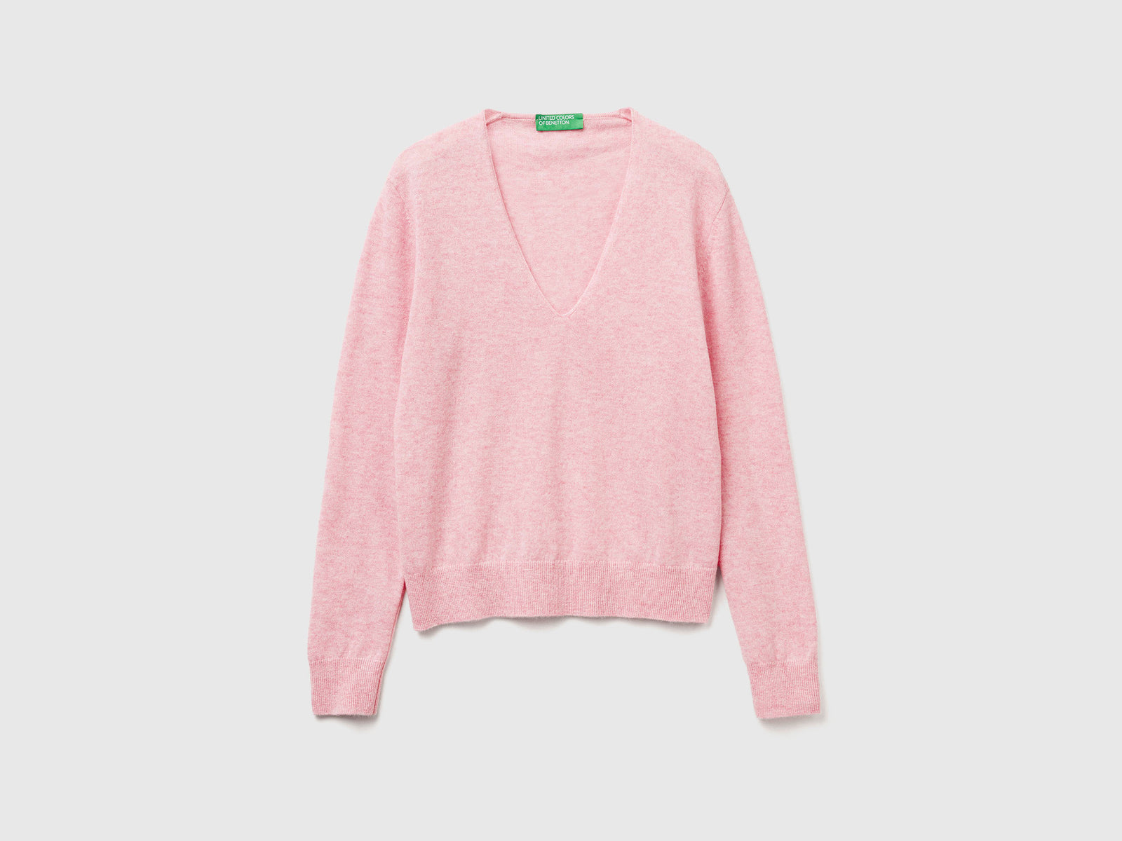 Maglione con scollo a V in pura lana Merino da donna rosa 2 | Benetton Outlet
