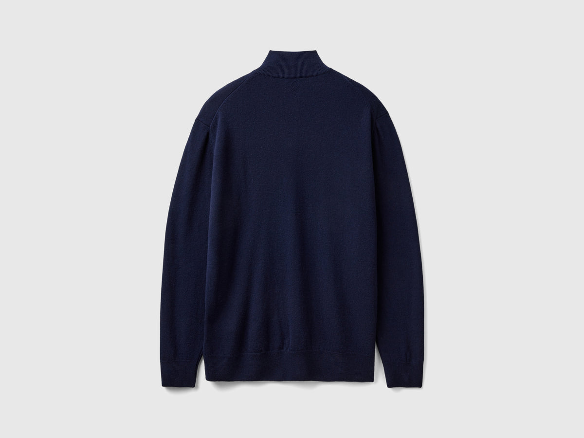 Maglia zippata blu notte in 100% lana Merino