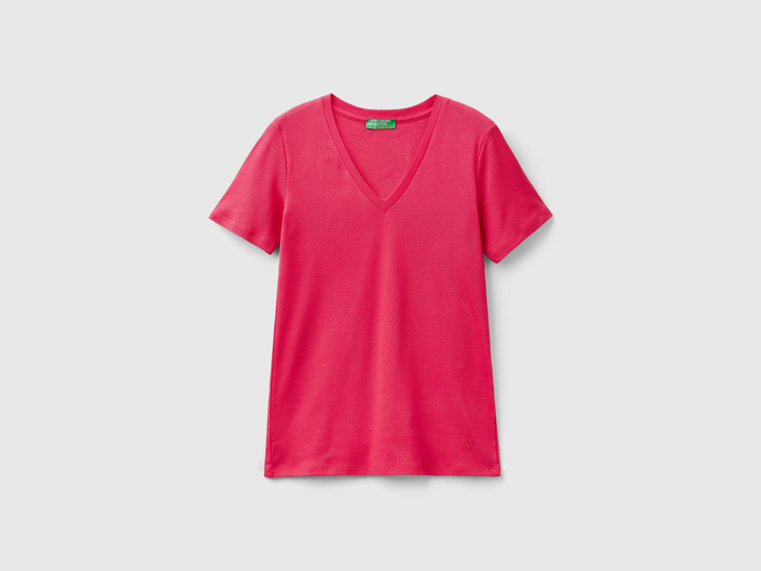 T-shirt in puro cotone con scollo a V da donna fucsia | Benetton Outlet