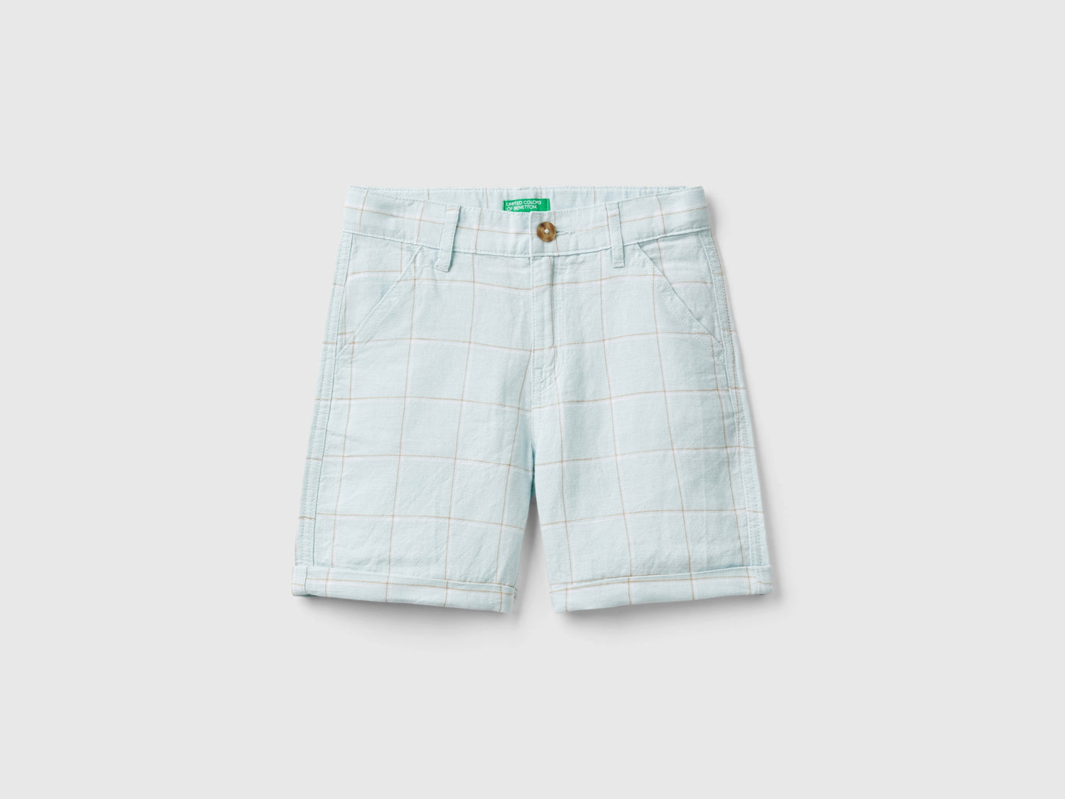Bermuda a quadri in misto lino da bimbo celeste | Benetton Outlet