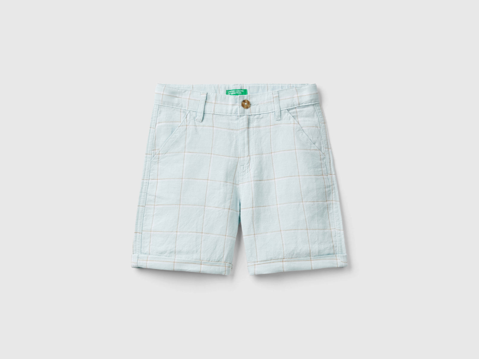 Bermuda a quadri in misto lino da bimbo celeste | Benetton Outlet