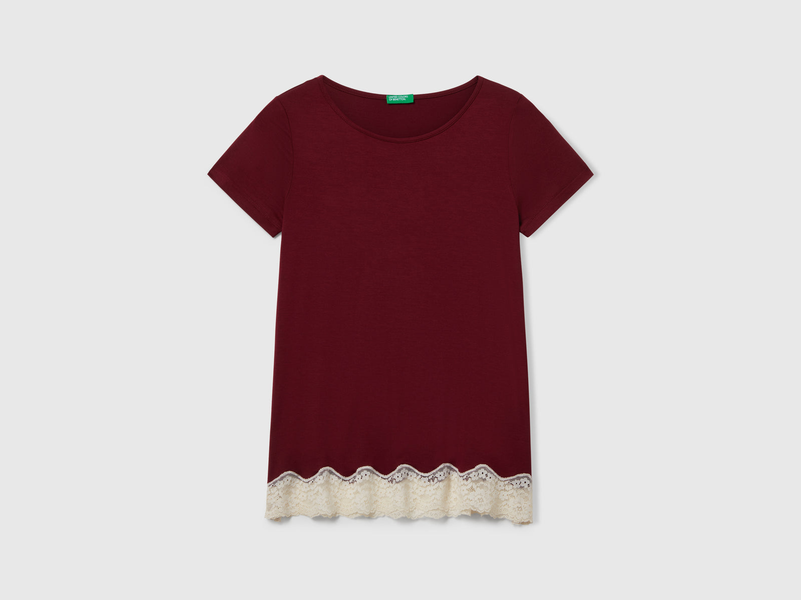 Maglia manica corta con pizzo da donna bordeaux | Benetton Outlet