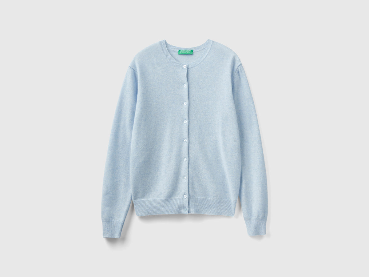 Cardigan girocollo celeste in pura lana Merino