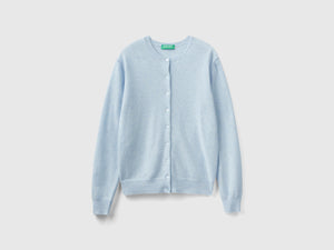 Cardigan girocollo celeste in pura lana Merino