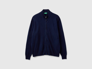 Cardigan con zip blu notte in pura lana Merino
