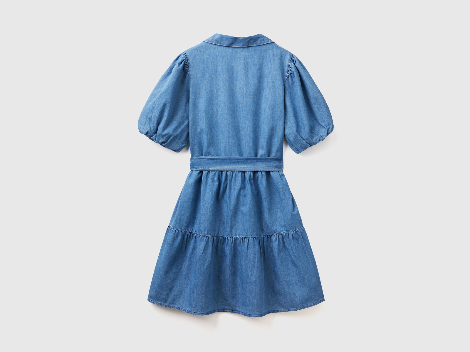 Vestito corto in chambray di puro cotone con manica corta a sbuffo da donna blu 2 | Benetton Outlet