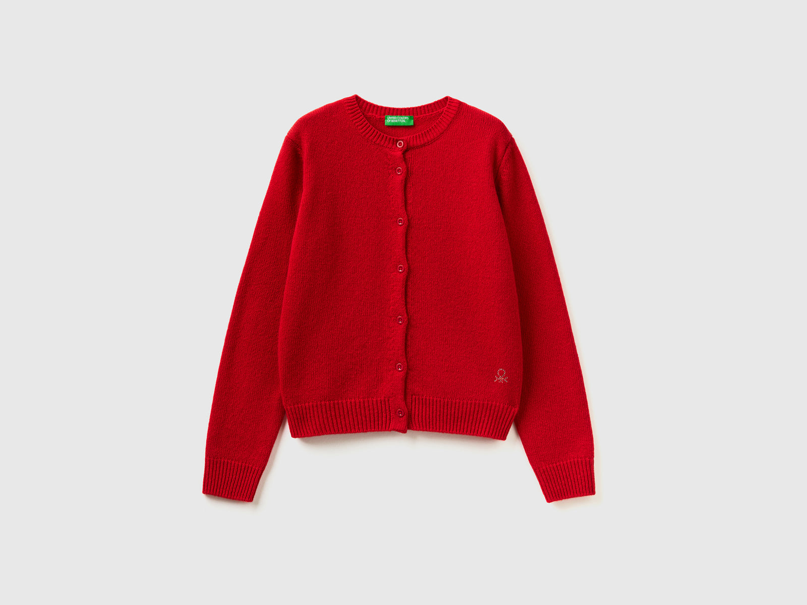 Cardigan girocollo con logo in strass da bambina rosso | Benetton Outlet
