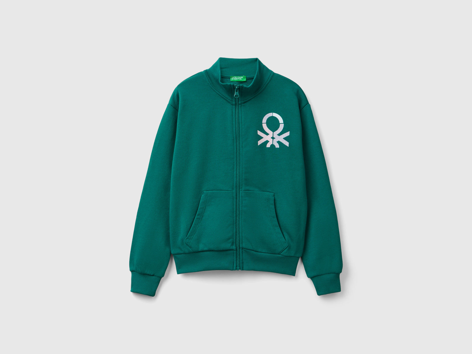 Felpa con zip e colletto da bambina verde scuro | Benetton Outlet