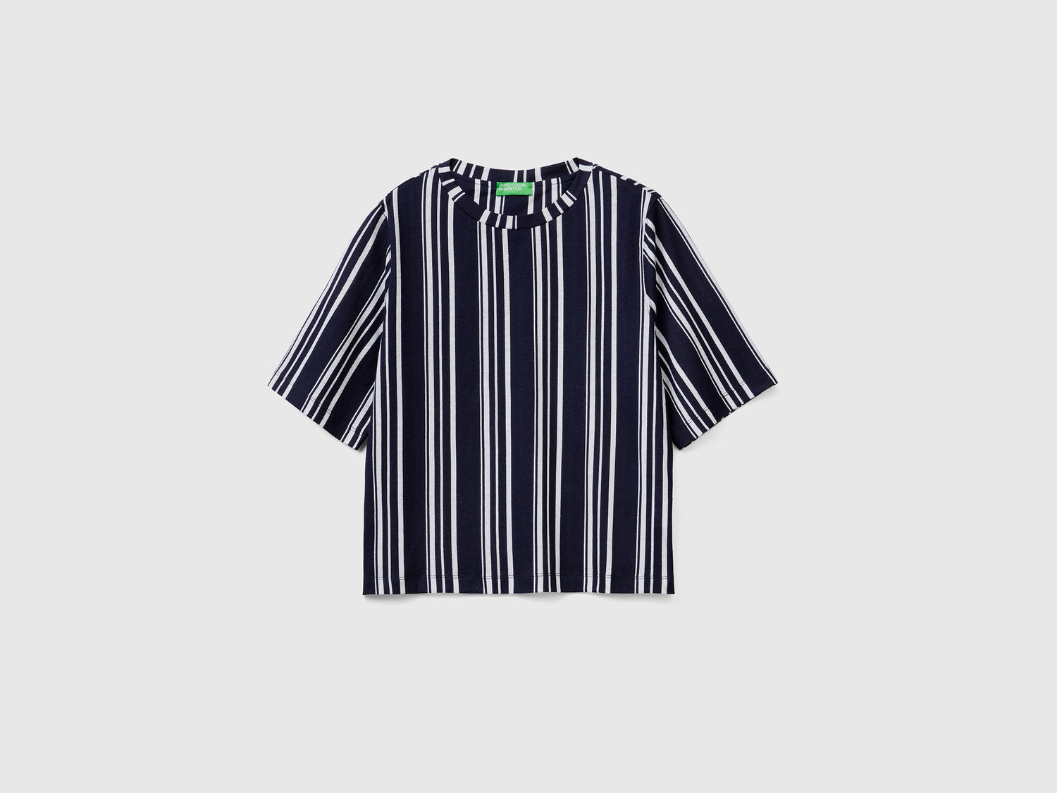 Maglietta girocollo a manica corta in misto cotone e lino da donna blu scuro | Benetton Outlet