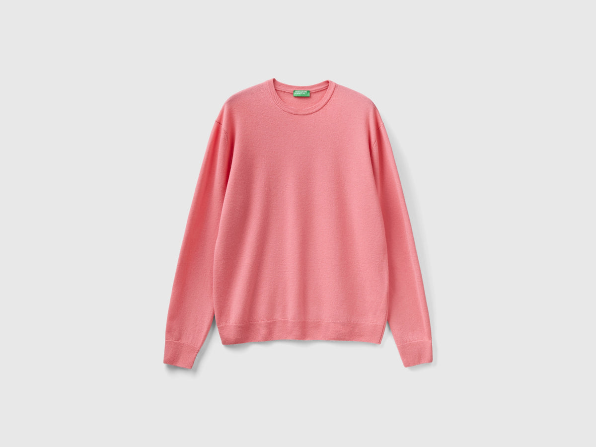 Maglia girocollo rosa in pura lana Merino