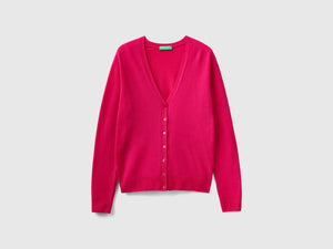Cardigan scollo a V fucsia in pura lana Merino