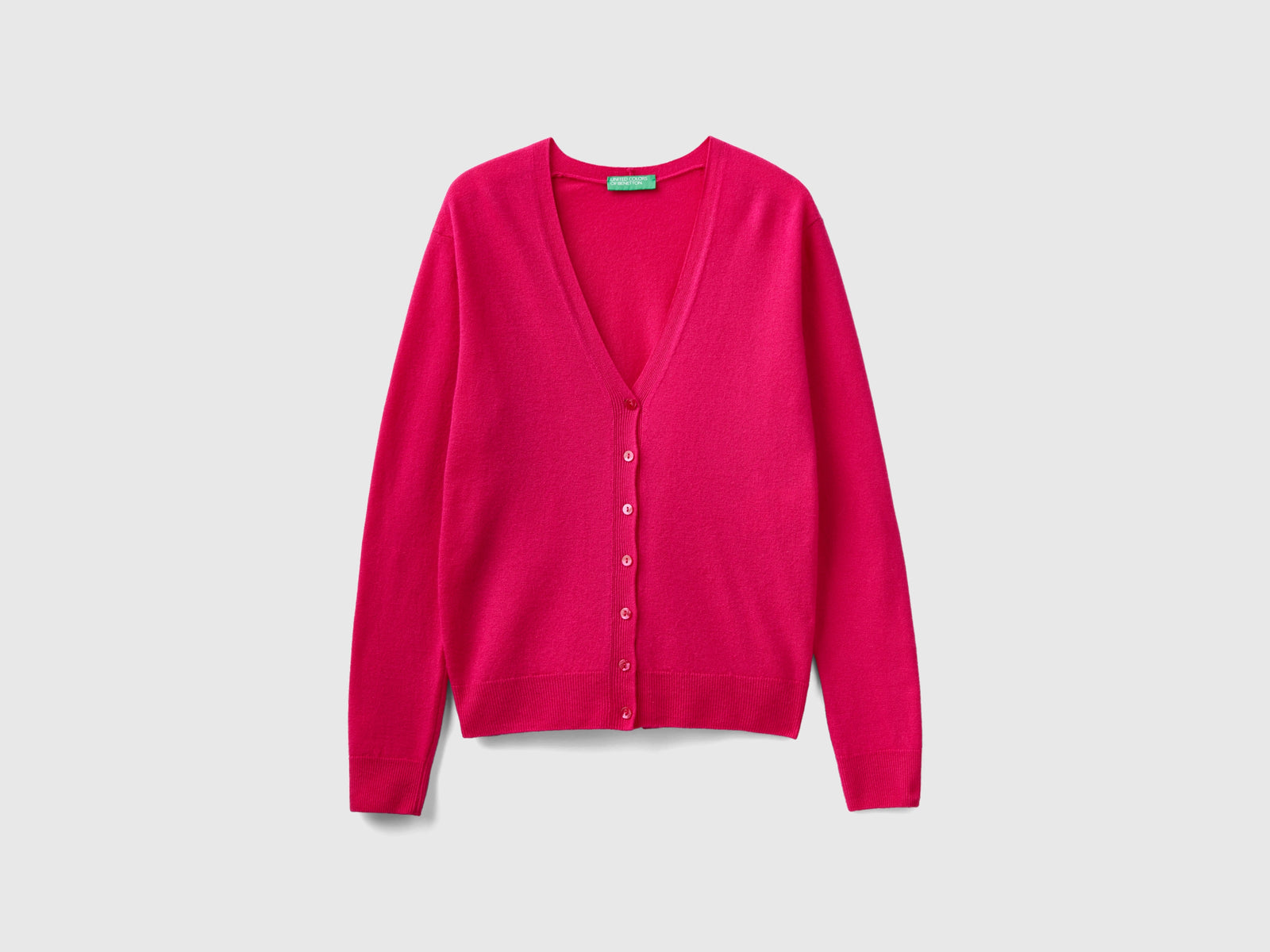 Cardigan scollo a V fucsia in pura lana Merino da donna rosso 2 | Benetton Outlet