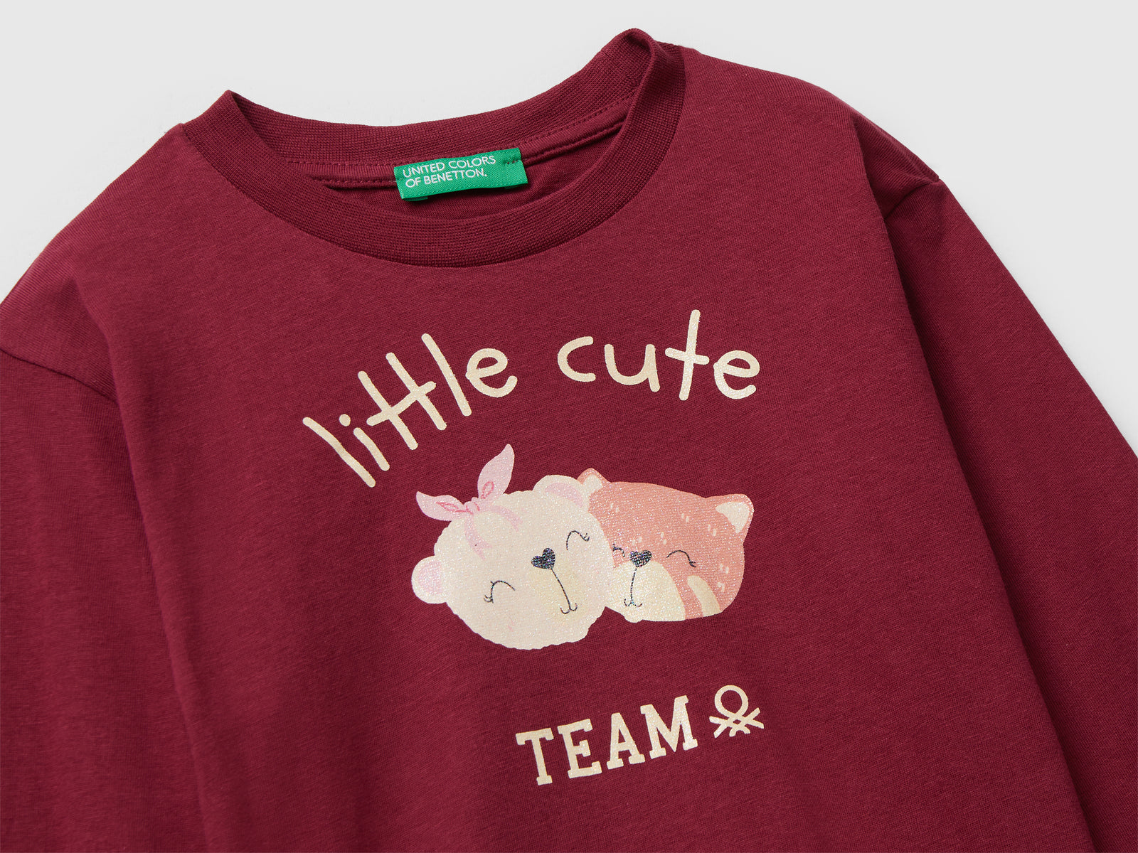 Maglietta in cotone con stampa glitter da bimba bordeaux 3 | Benetton Outlet