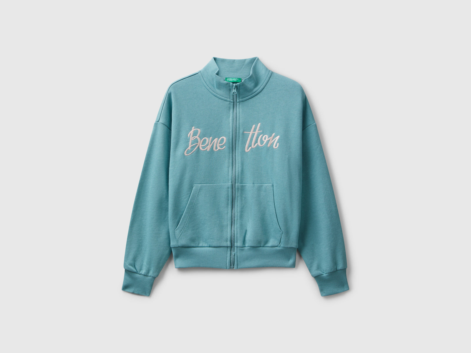 Felpa con zip e stampa da bambina celeste | Benetton Outlet