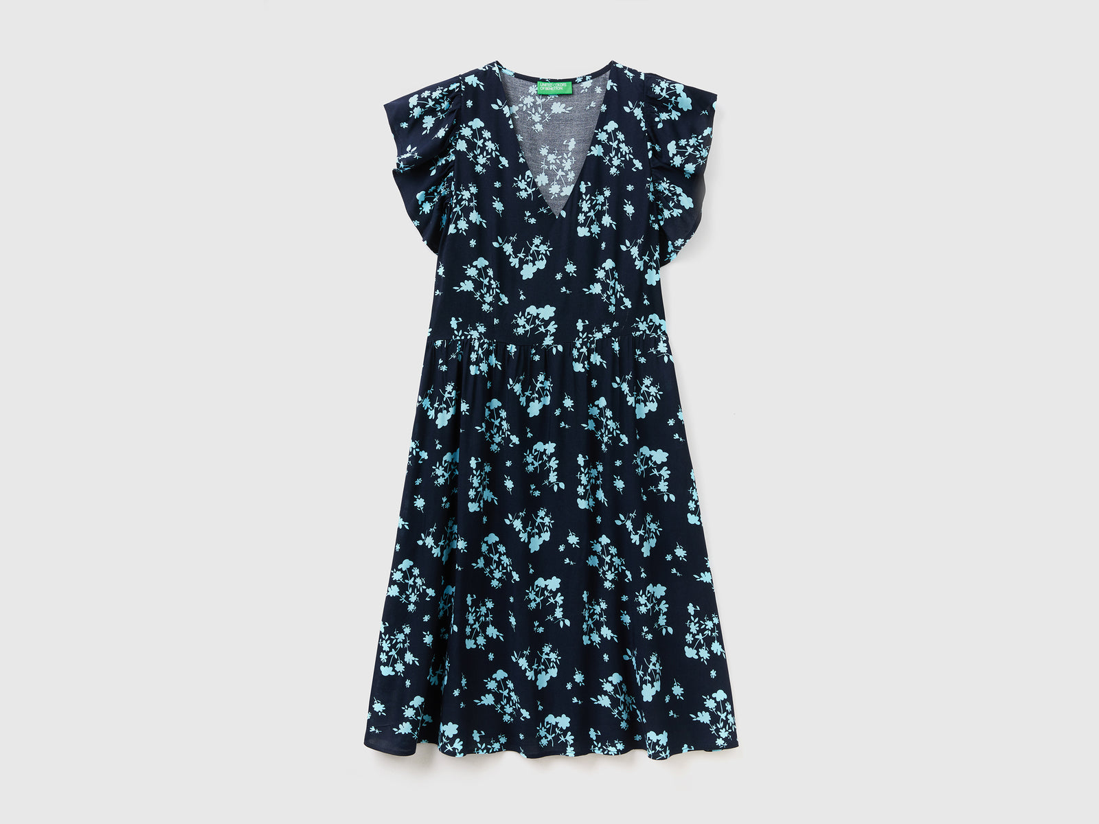Vestito corto con scollo a V in tessuto fluido e leggero di pura viscosa da donna blu | Benetton Outlet