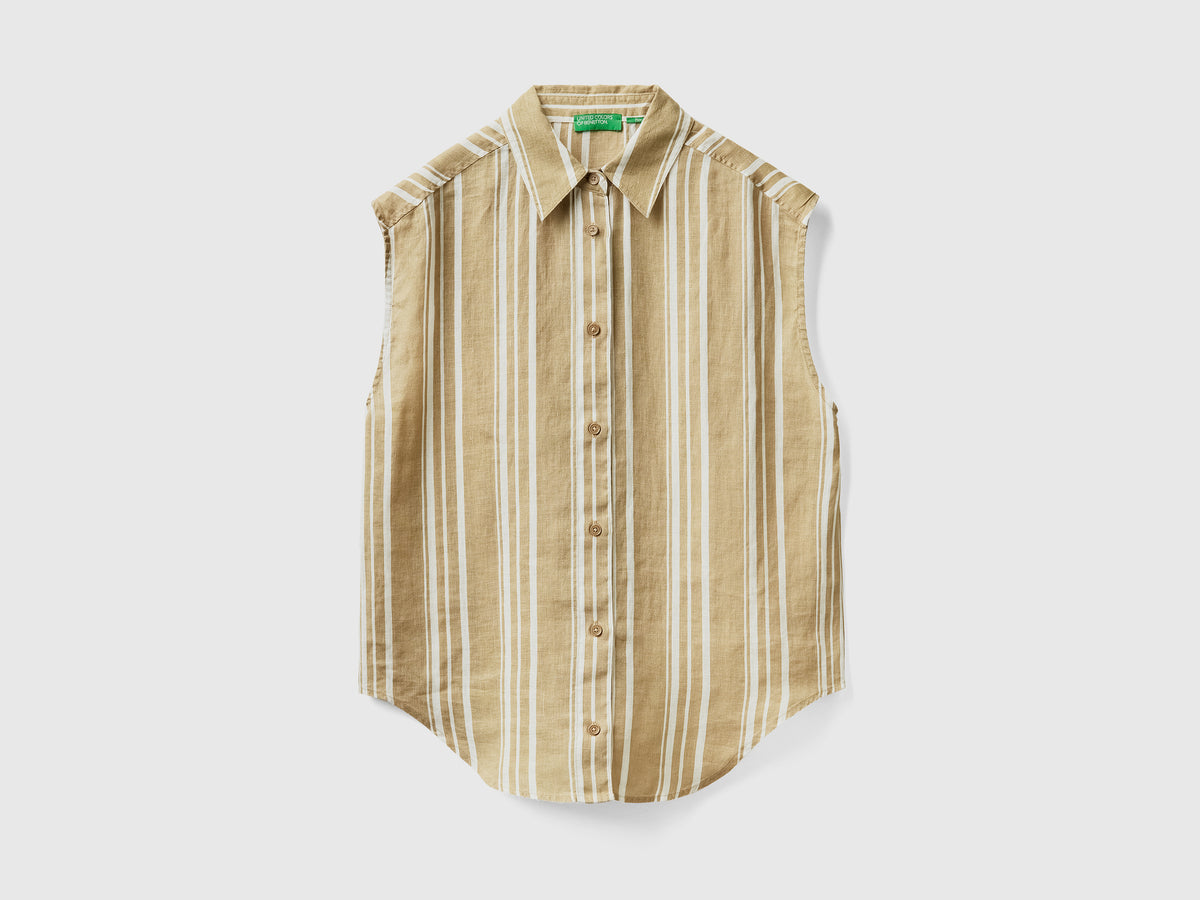 Camicia smanicata in puro lino con stampa fantasia su tutto il capo