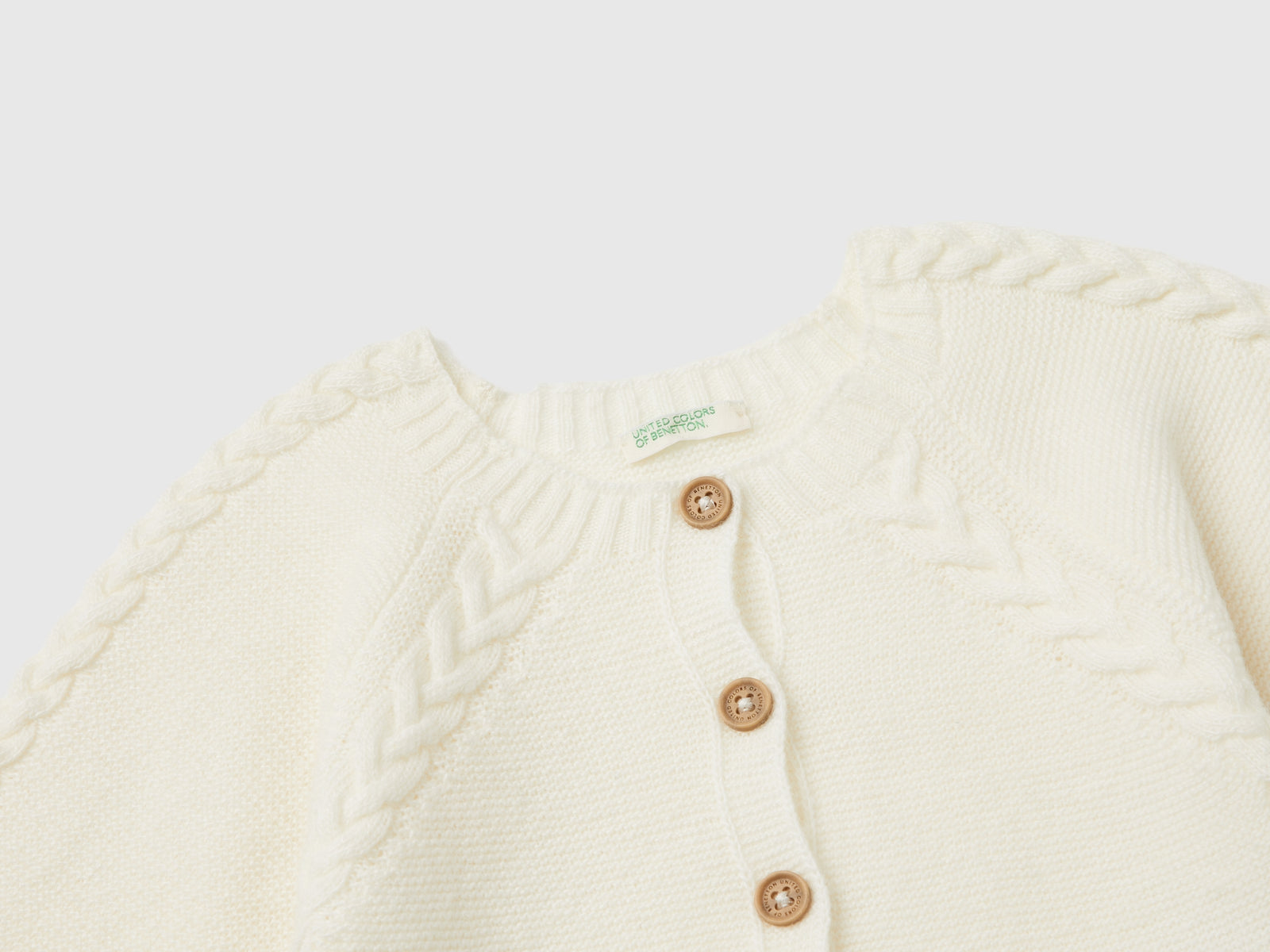 Cardigan con trecce in misto lana riciclata da neonato bianco panna 3 | Benetton Outlet