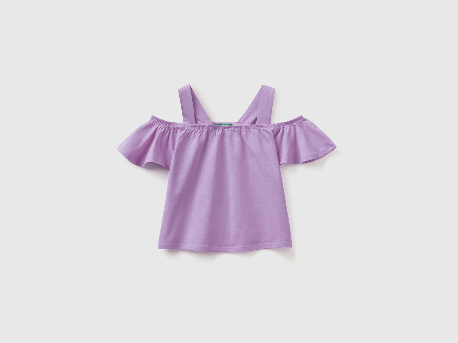 T-shirt cropped con spalle scoperte in puro cotone dal taglio svasato da bambina lilla | Benetton Outlet