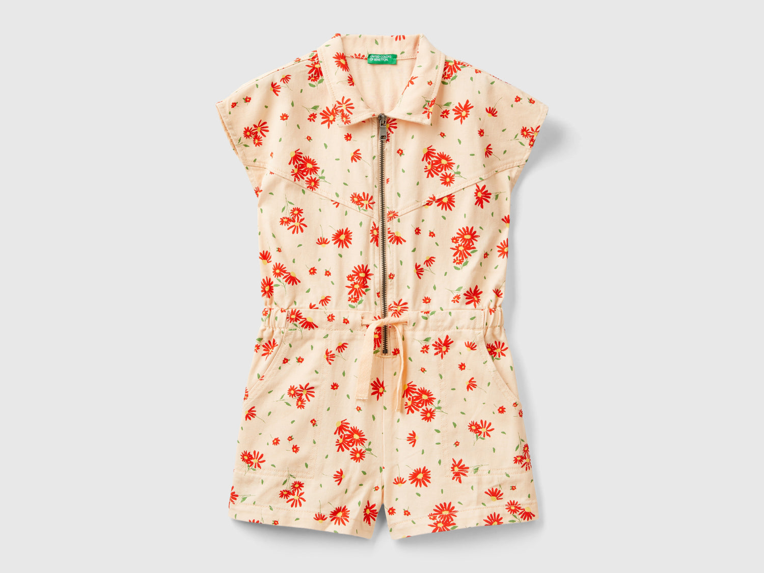 Tuta corta a fiori da bambina pesca | Benetton Outlet