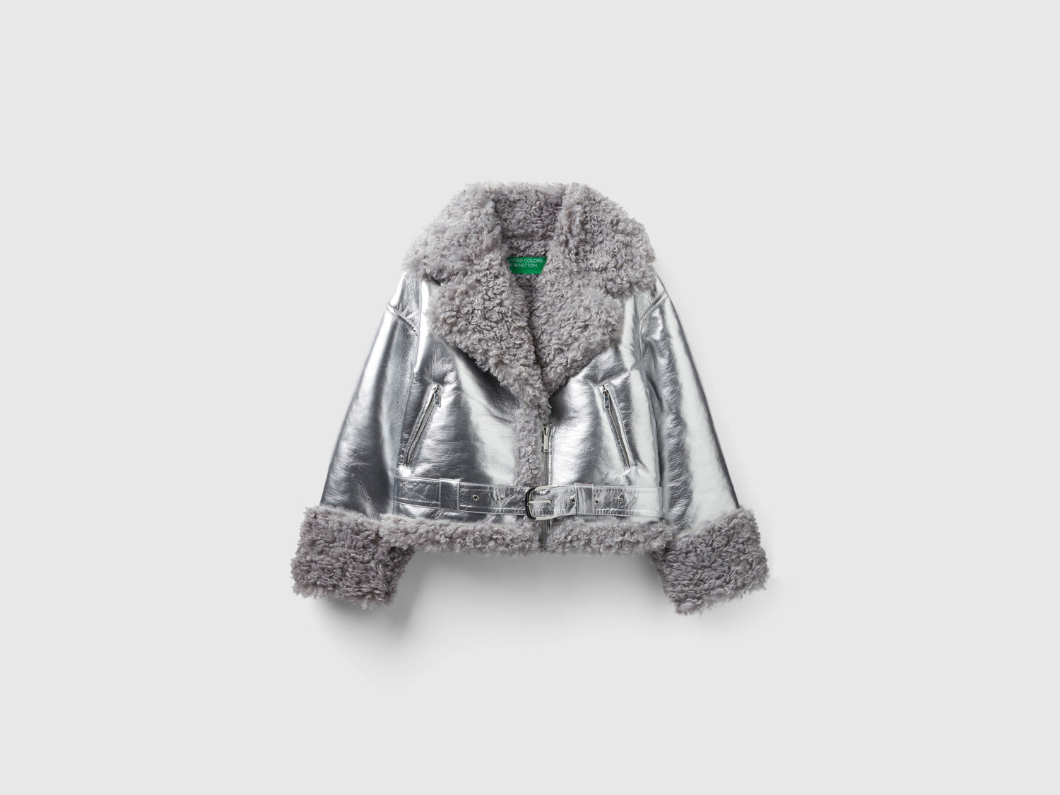 Chiodo in tessuto spalmato e pelliccia sintetica da donna argento | Benetton Outlet
