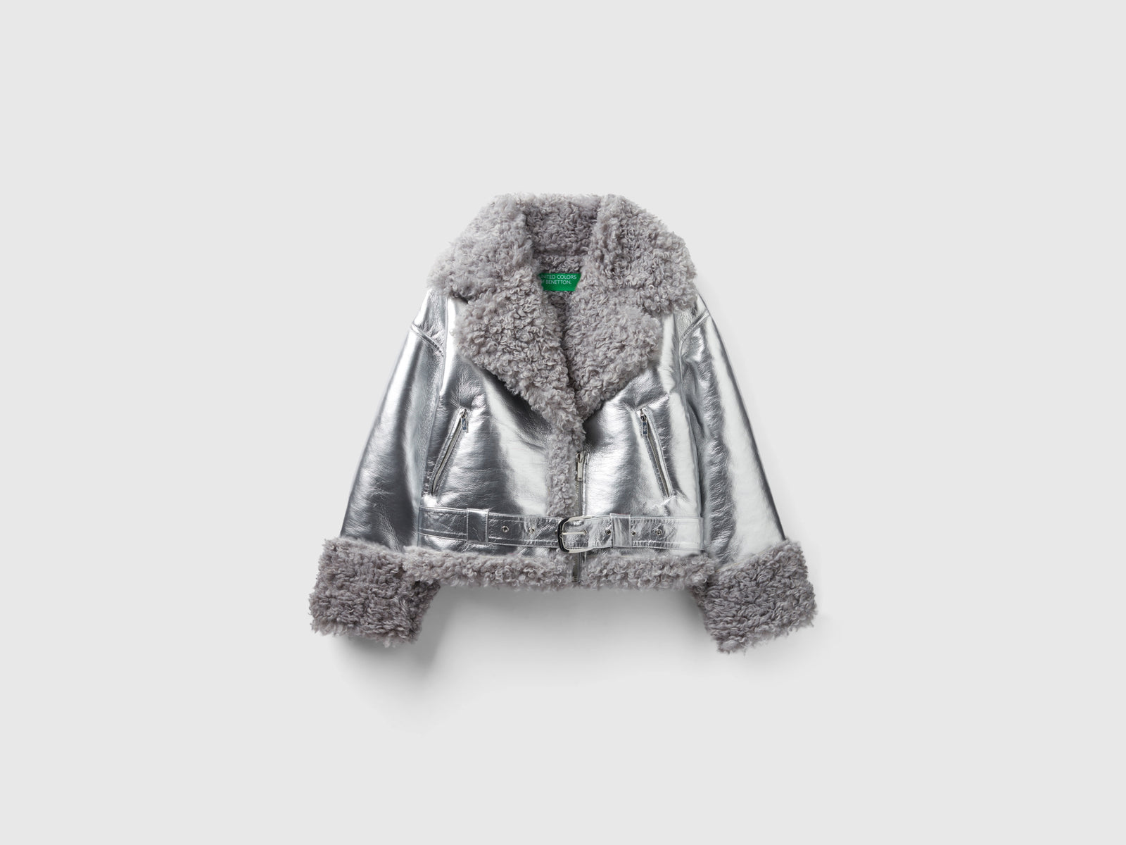 Chiodo in tessuto spalmato e pelliccia sintetica da donna argento 2 | Benetton Outlet