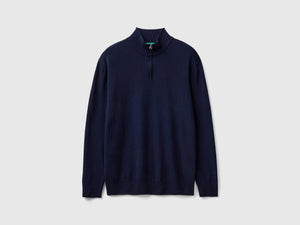 Maglia zippata blu notte in 100% lana Merino