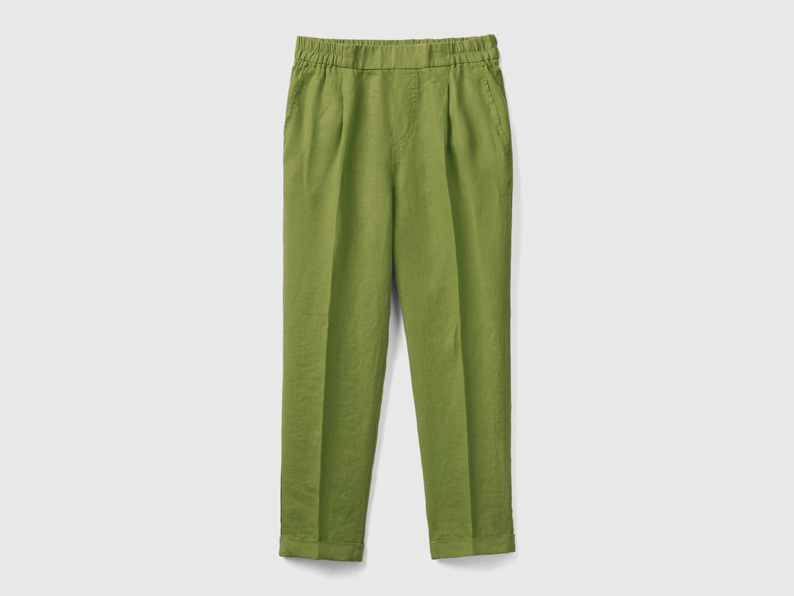 Pantaloni lunghi in puro lino con taglio cropped e gamba affusolata da donna verde | Benetton Outlet