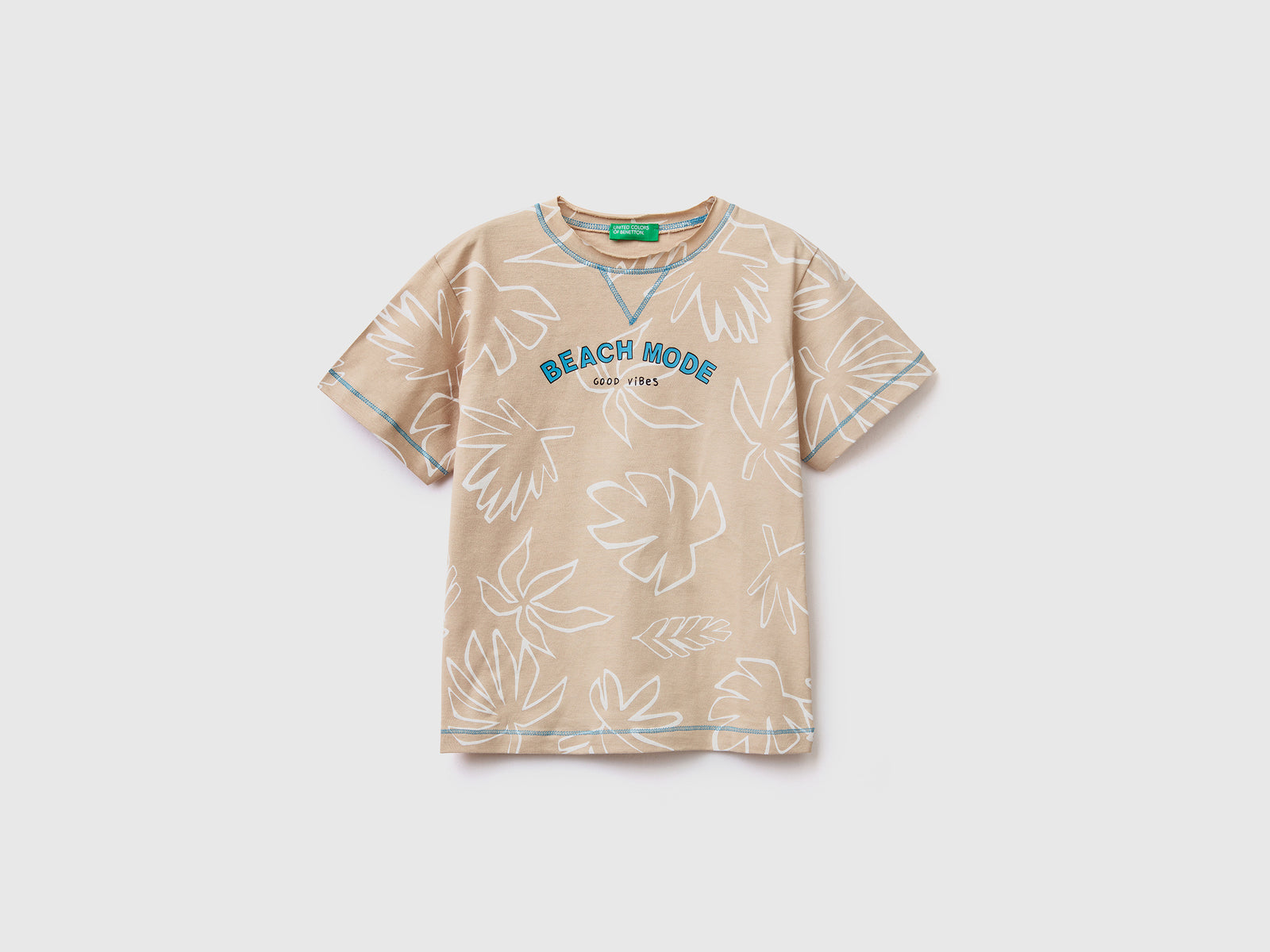 Maglietta a manica corta in puro cotone con stampa da bimbo beige | Benetton Outlet