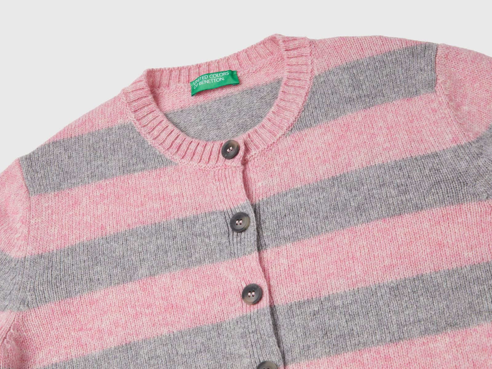 Cardigan a righe in pura lana Shetland da donna rosa tenue 3 | Benetton Outlet
