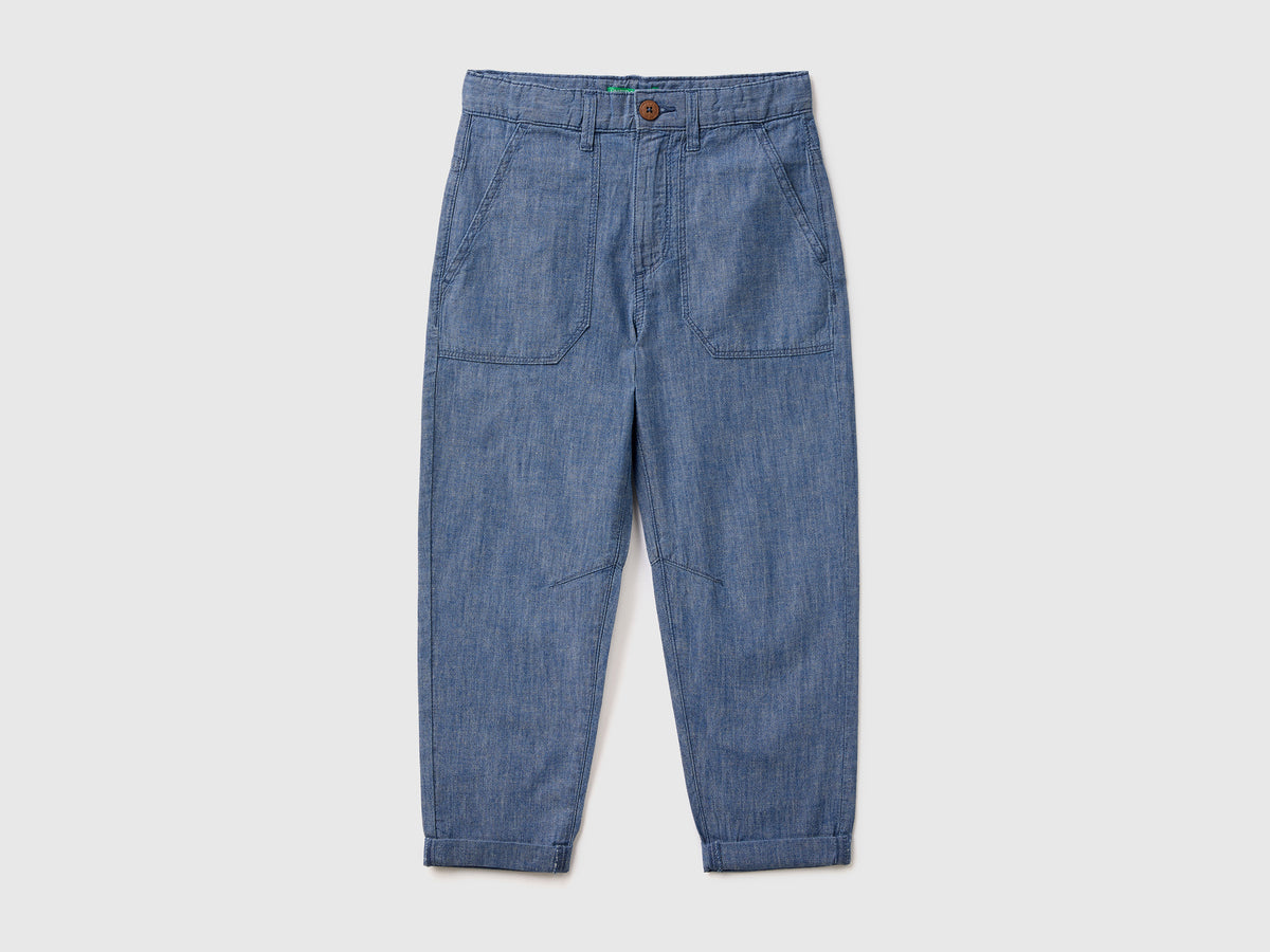 Pantaloni lunghi in chambray di cotone misto lino
