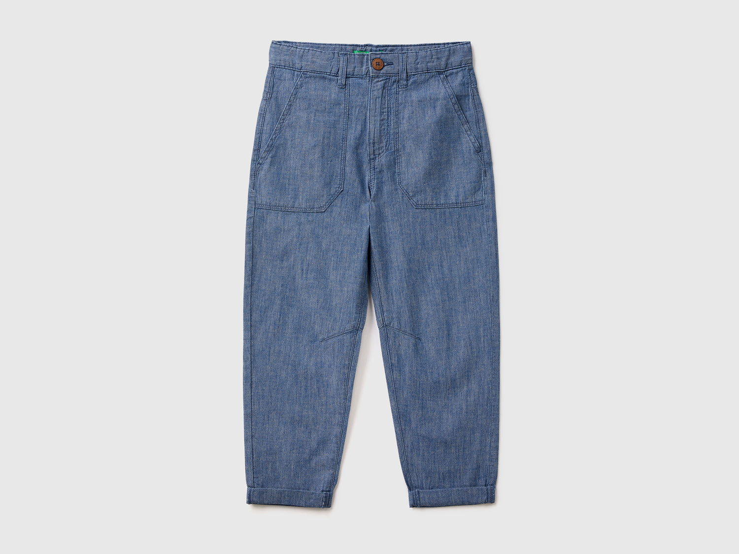 Pantaloni lunghi in chambray di cotone misto lino da bambino avio | Benetton Outlet