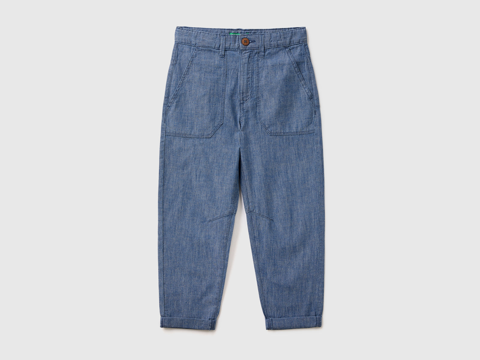 Pantaloni lunghi in chambray di cotone misto lino da bambino avio | Benetton Outlet