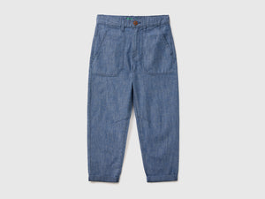 Pantaloni lunghi in chambray di cotone misto lino