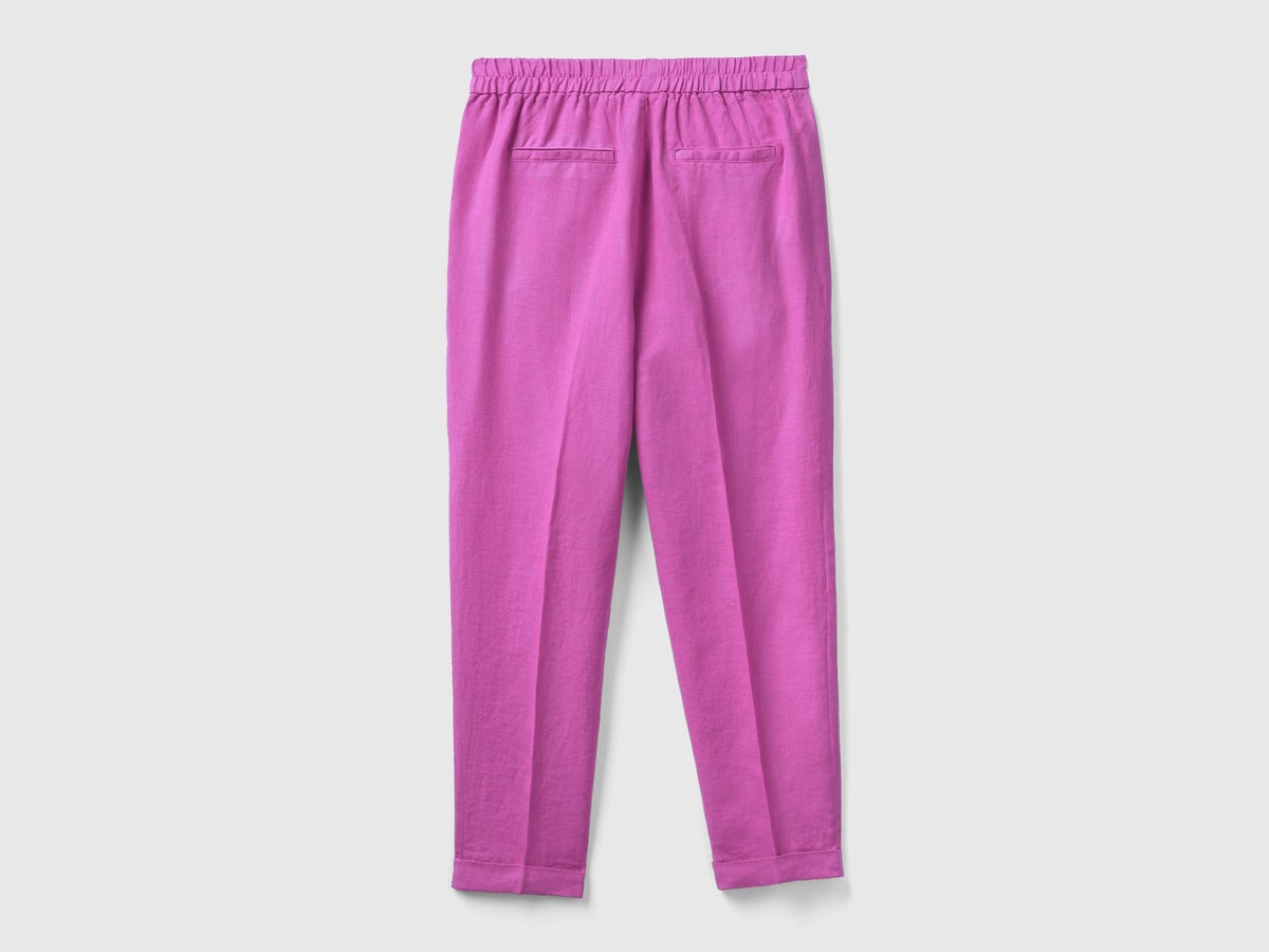 Pantaloni lunghi in puro lino con taglio cropped e gamba affusolata