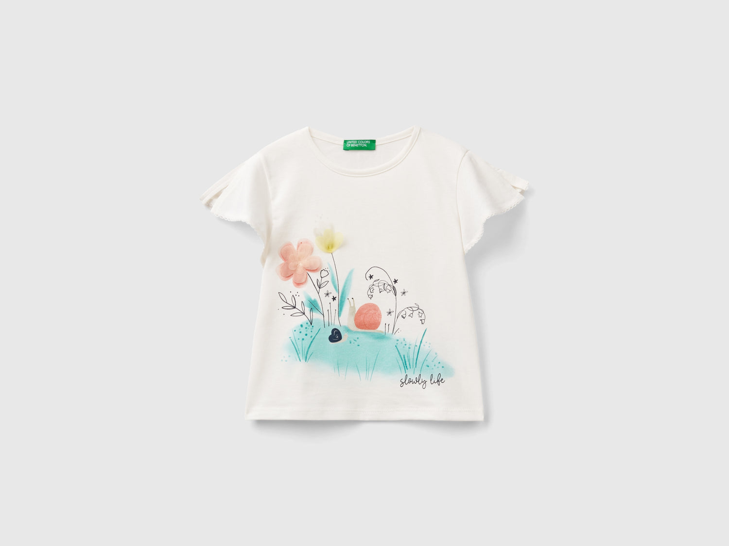 T-shirt con stampa e tulle da bimba bianco panna | Benetton Outlet