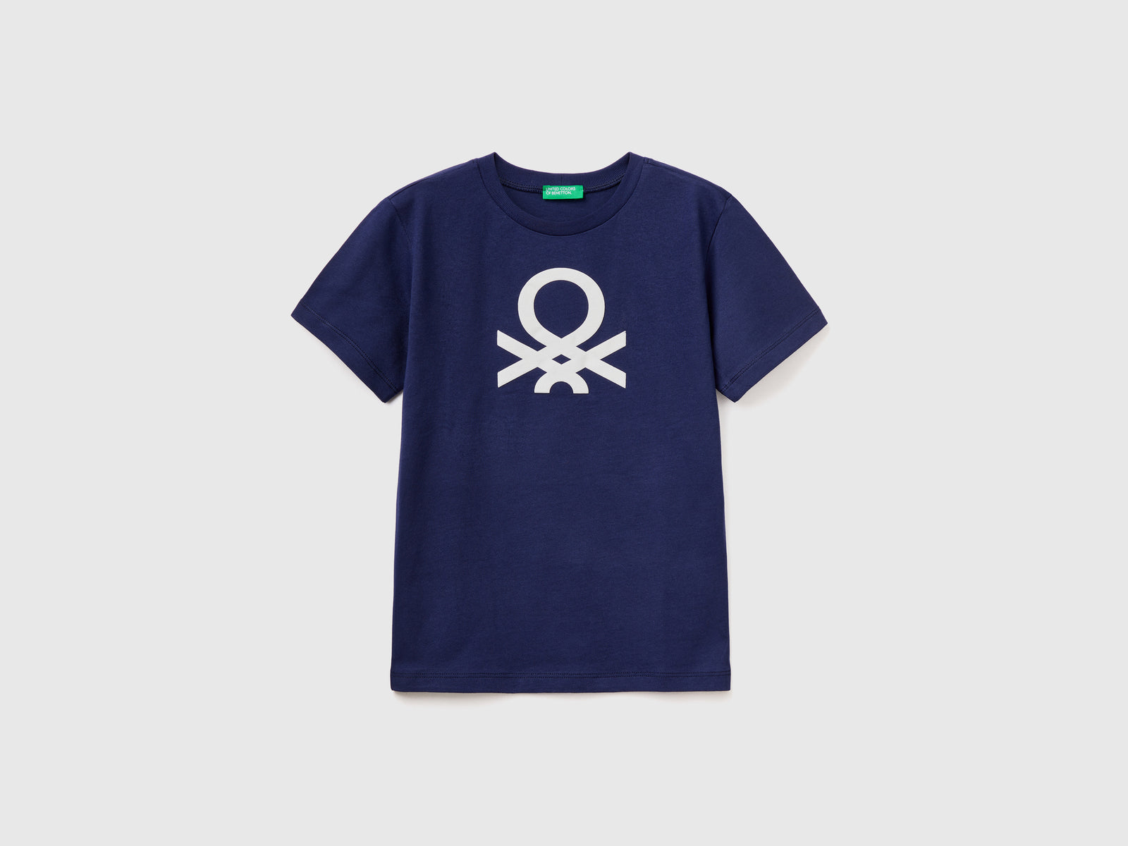 Maglietta girocollo a manica corta in puro cotone da bambino blu scuro | Benetton Outlet