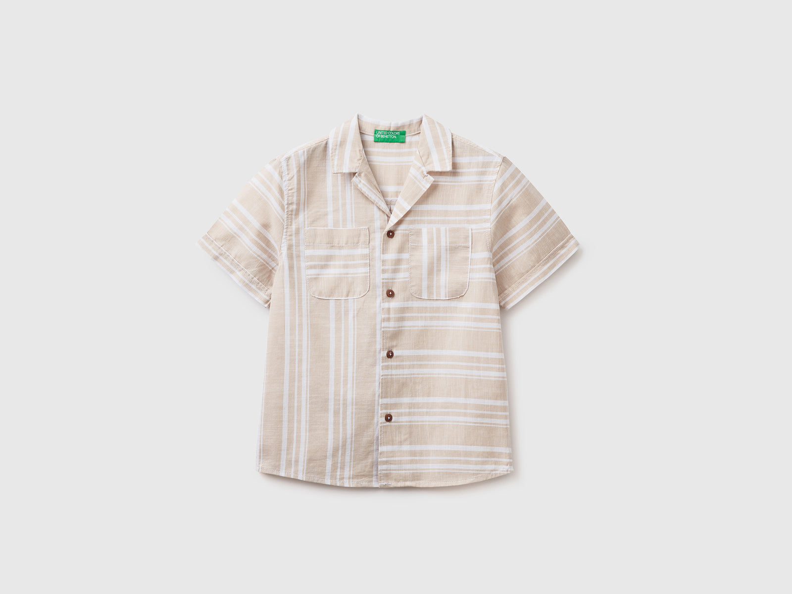 Camicia a manica corta in tela di puro cotone da bambino beige | Benetton Outlet