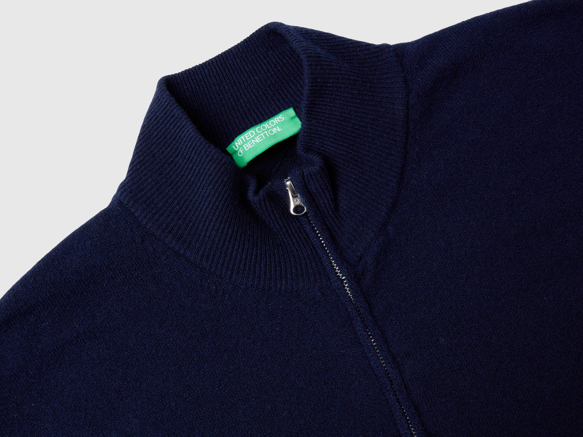 Cardigan con zip blu notte in pura lana Merino