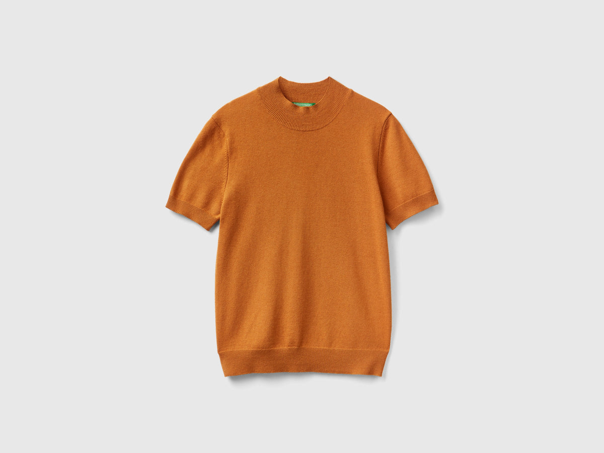Maglia tabacco a manica corta in misto cashmere