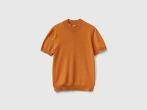 Maglia tabacco a manica corta in misto cashmere