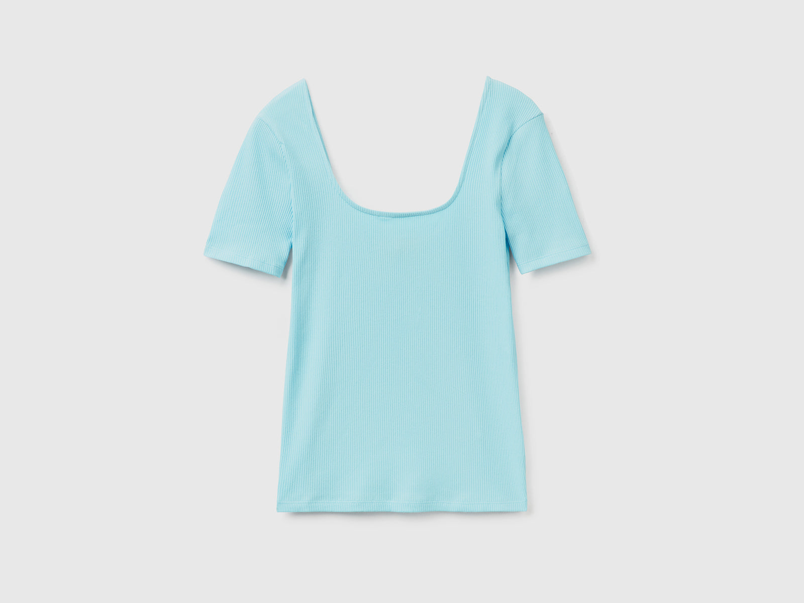 Maglietta a manica corta in costina di cotone elasticizzato da donna azzurro | Benetton Outlet