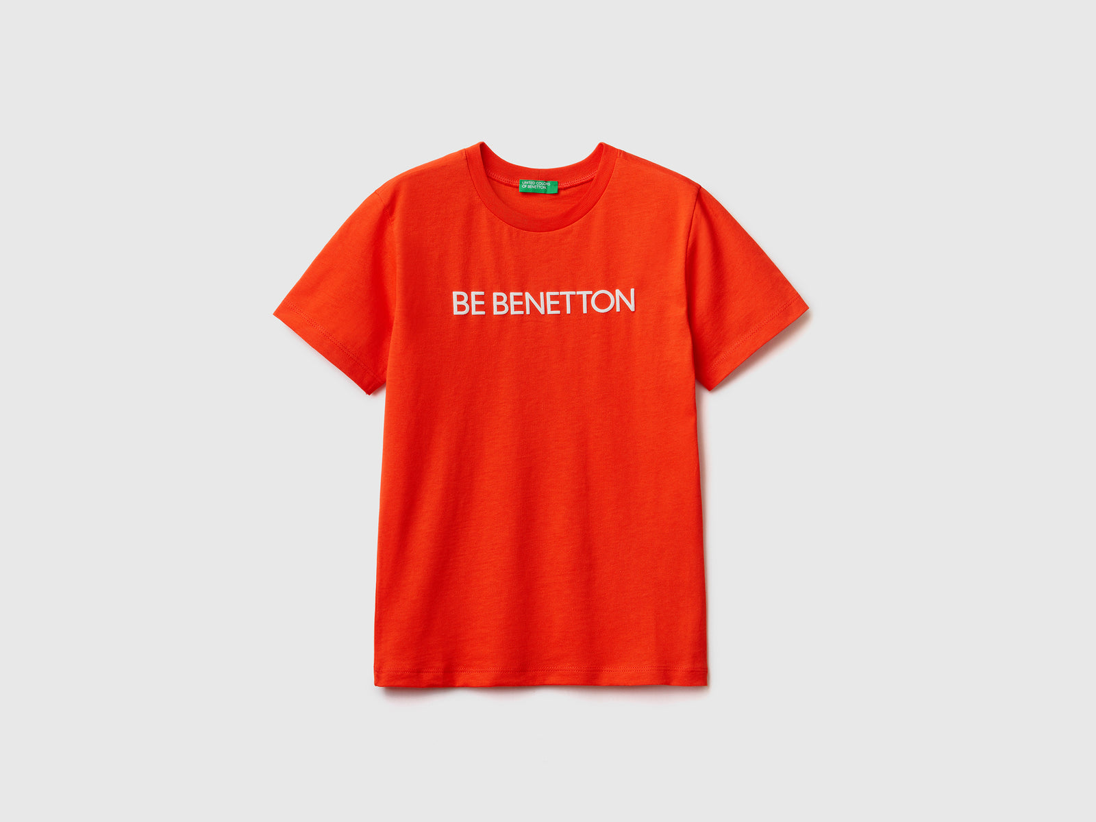 Maglietta girocollo a manica corta in puro cotone da bambino rosso corallo | Benetton Outlet