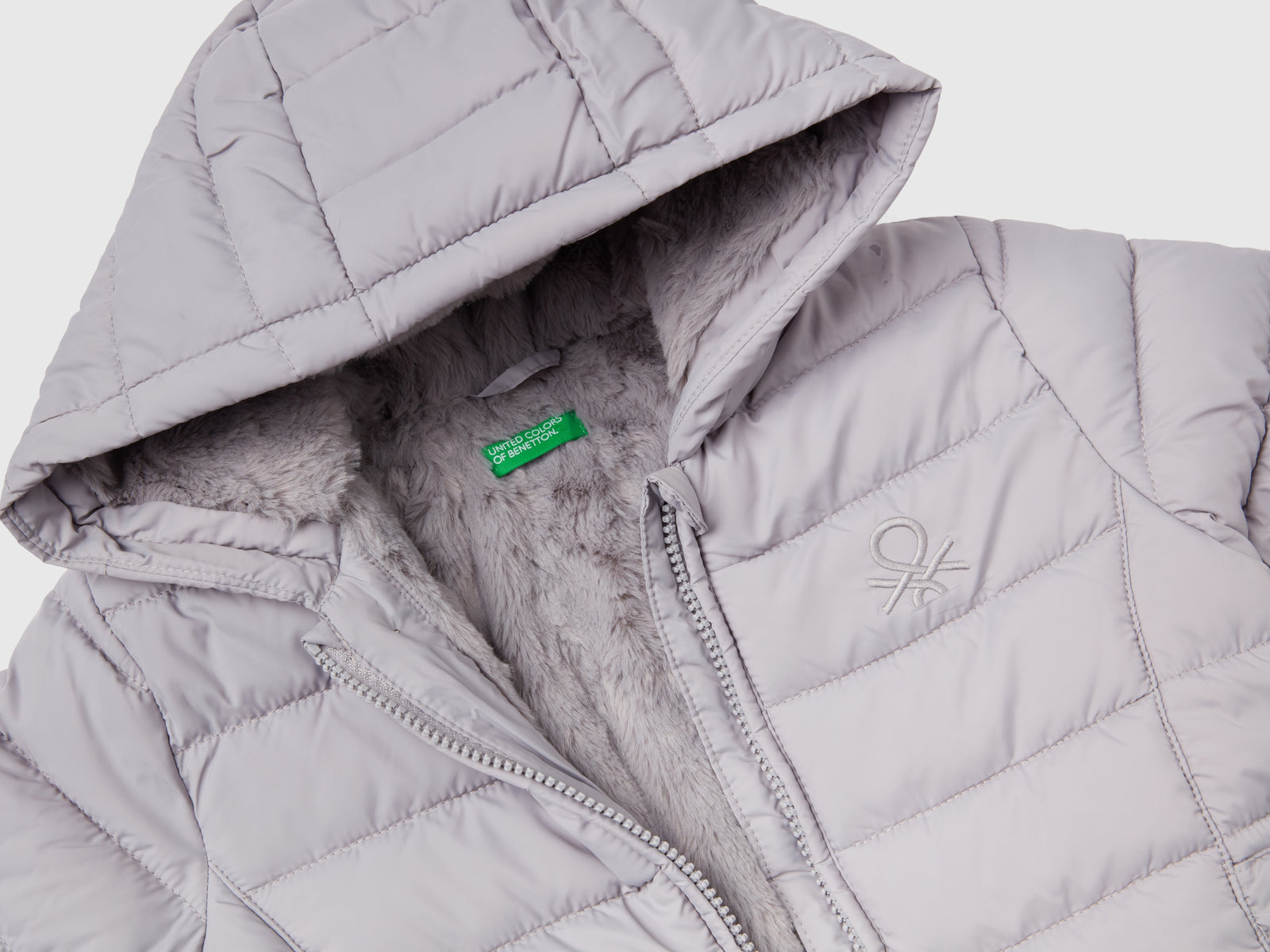 Giubbotto imbottito con rouches da bimba grigio chiaro 3 | Benetton Outlet
