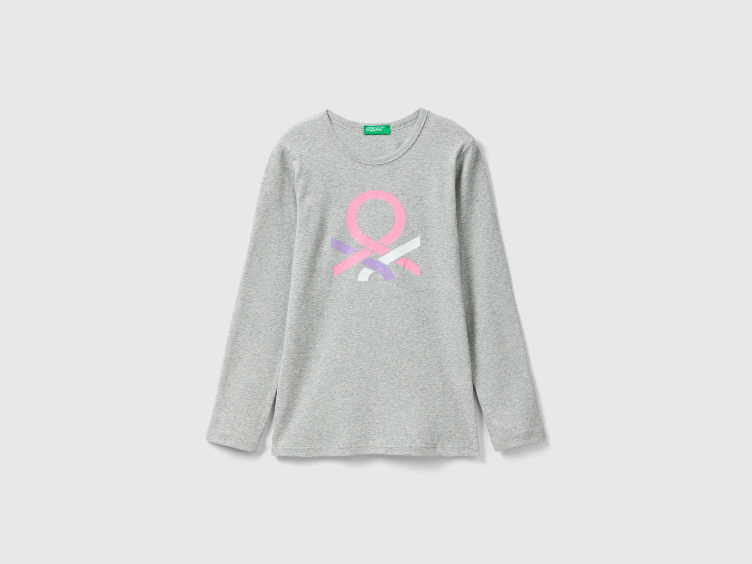T-shirt manica lunga con stampa glitter da bambina grigio chiaro | Benetton Outlet
