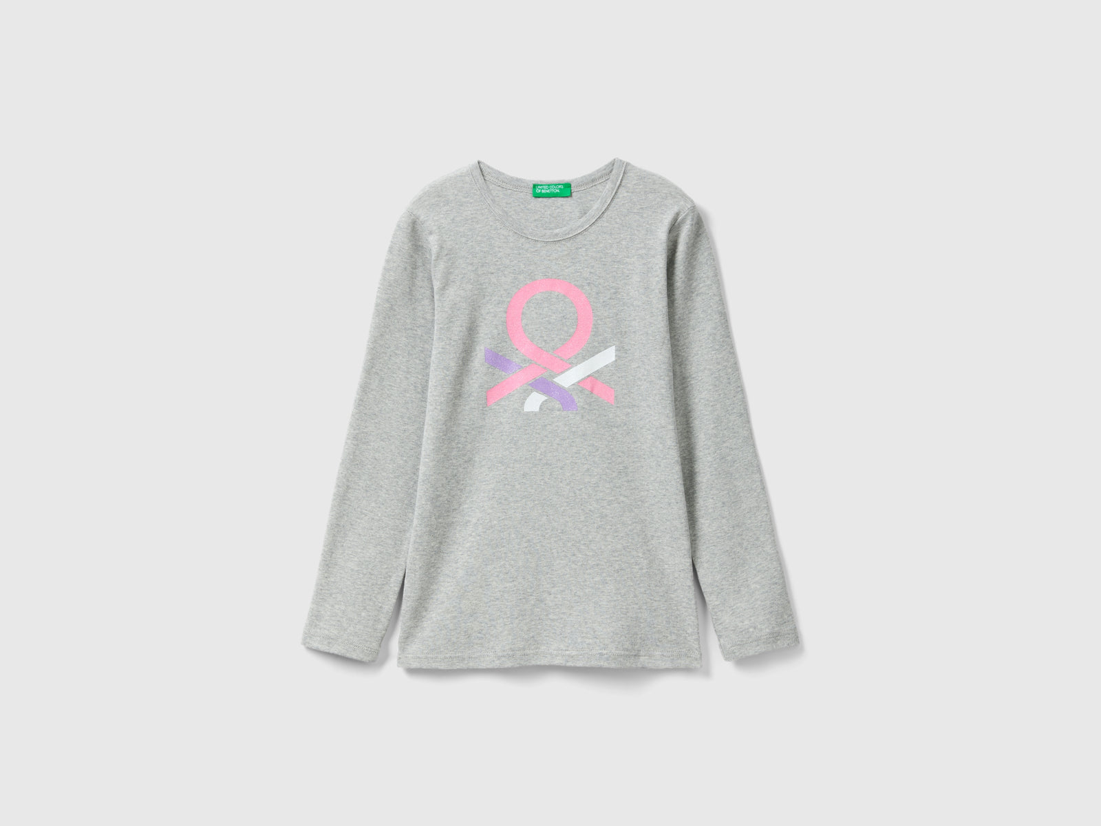 T-shirt manica lunga con stampa glitter da bambina grigio chiaro | Benetton Outlet