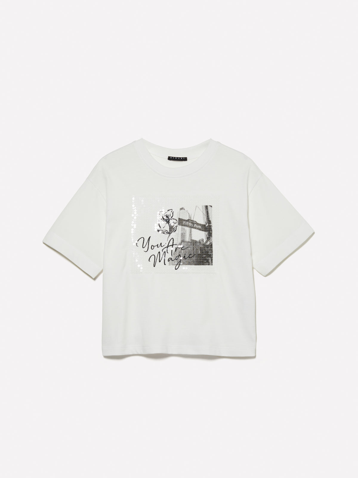 T-shirt con stampa e paillettes