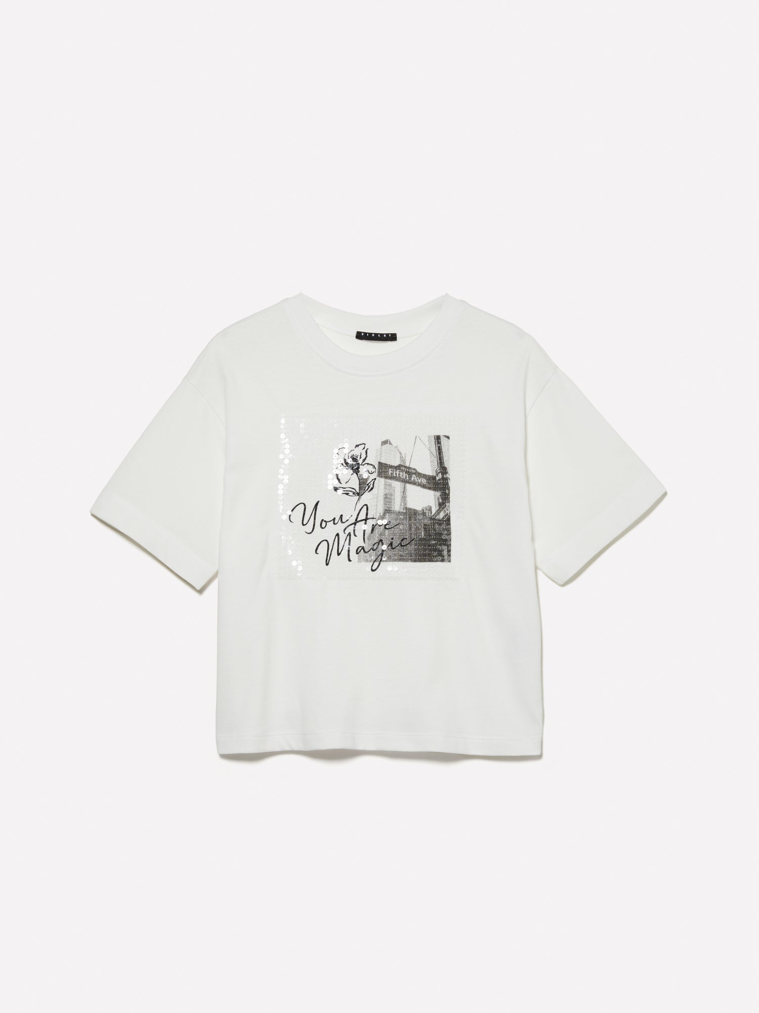 T-shirt con stampa e paillettes da bambina bianco | Sisley young Outlet